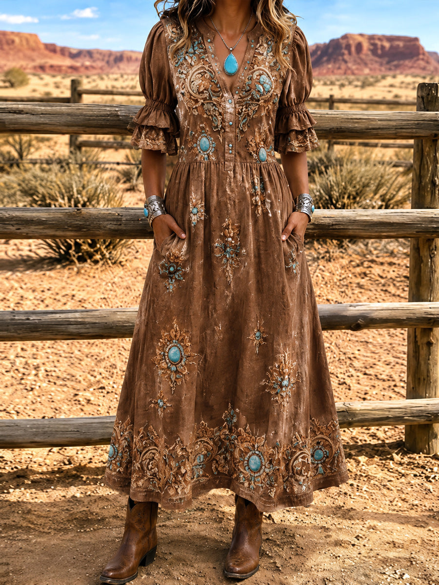 Women's Retro Art Print Washed Cotton Layered Patchwork Midi Dress